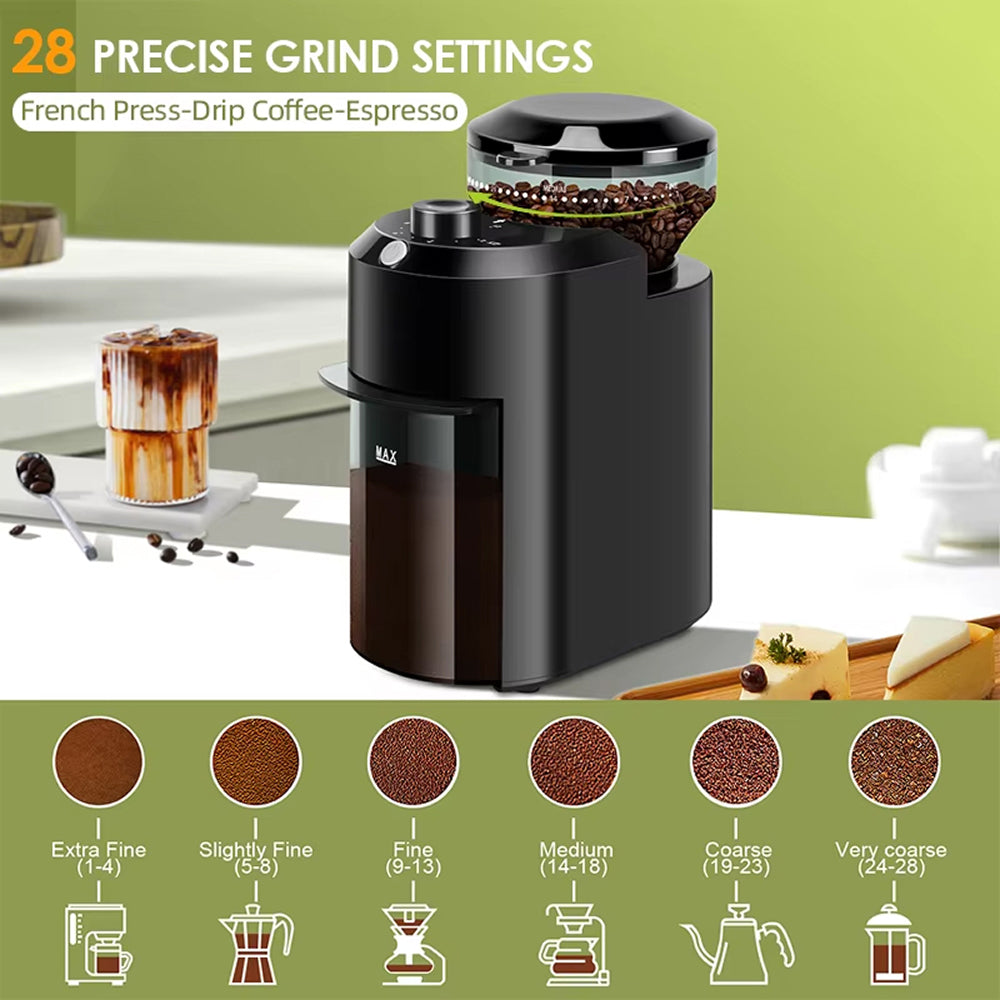 BrewixMi Metallic Flat Burr Coffee Grinder with 28 Settings