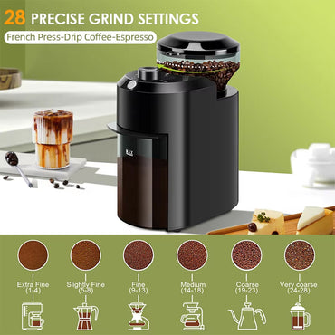 BeaniGrix Metallic Flat Burr Coffee Grinder 28 Settings