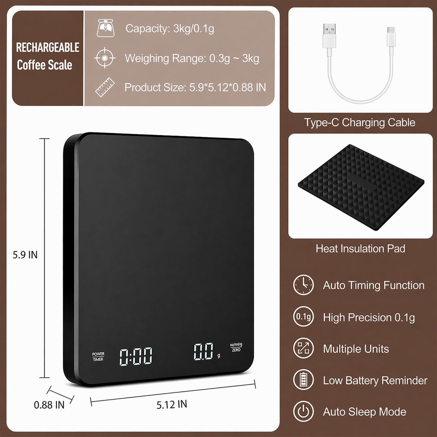 GossWic 0.1g Precision Coffee Scale with Auto-Timer