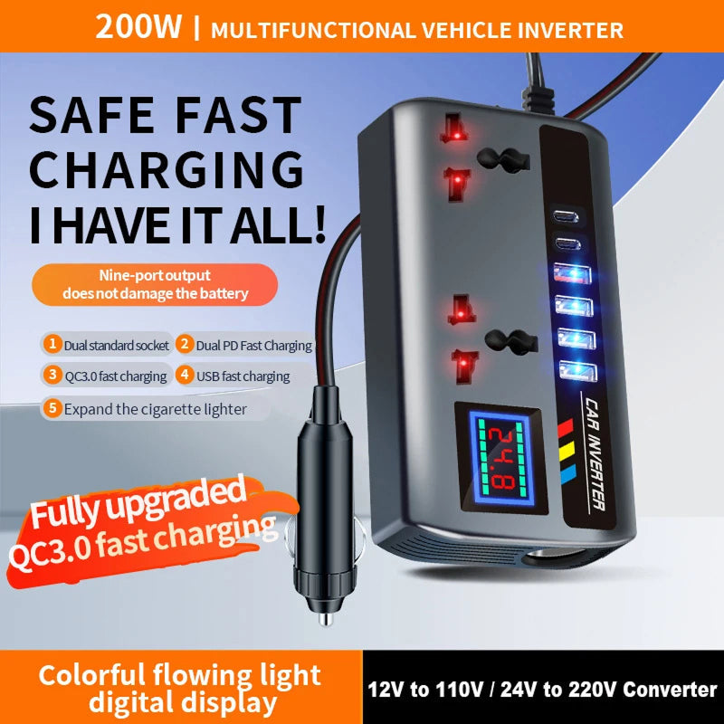 BoviWead 200W Vehicle Inverter 9-Port Charger for Laptops & Mobile