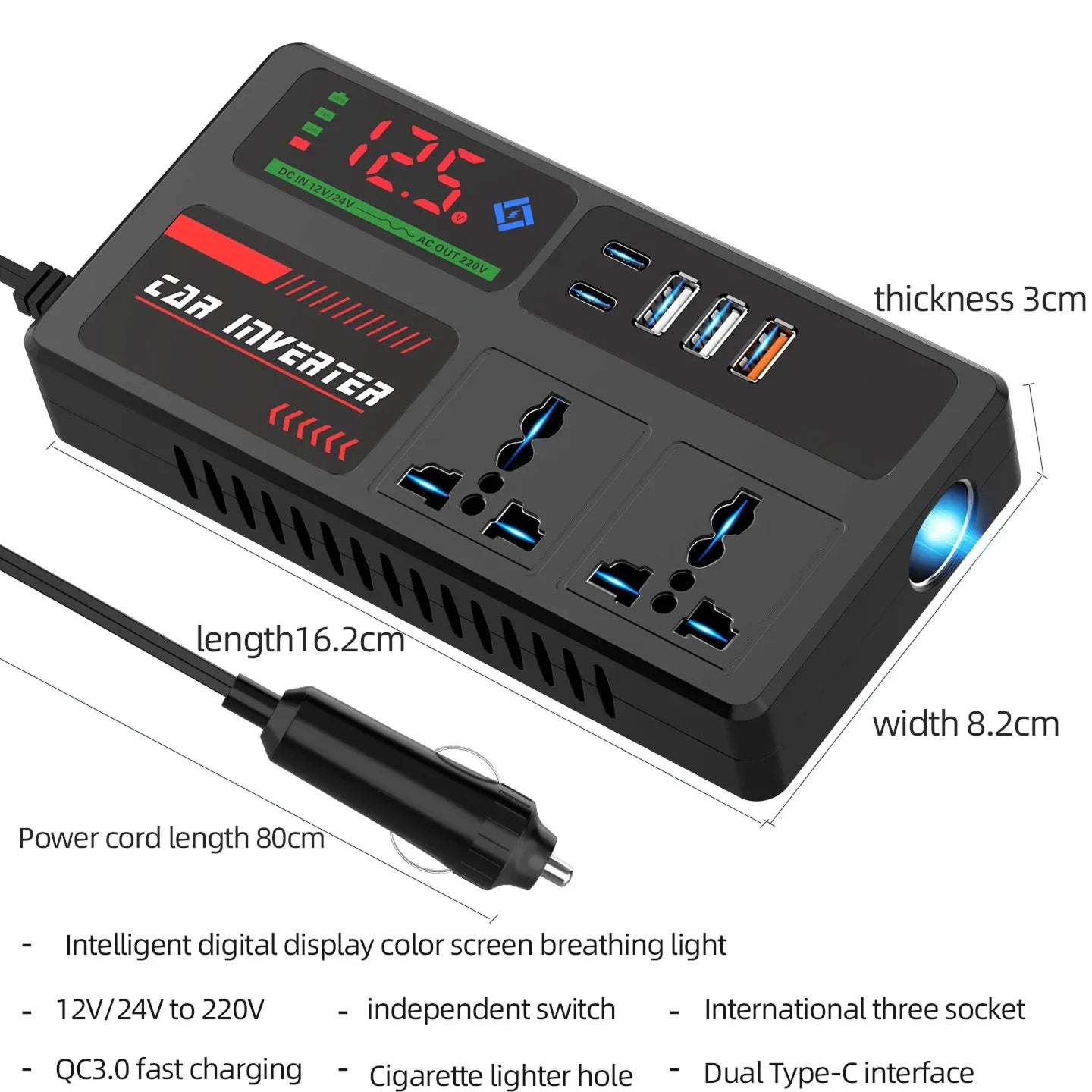 BoviWead 200W Vehicle Inverter 9-Port Charger for Laptops & Mobile