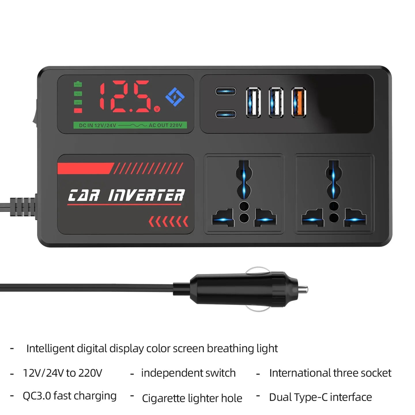 BoviWead 200W Vehicle Inverter 9-Port Charger for Laptops & Mobile