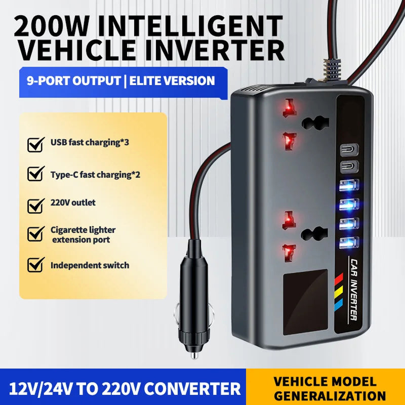 BoviWead 200W Vehicle Inverter 9-Port Charger for Laptops & Mobile
