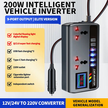 BoviWead 200W Vehicle Inverter 9-Port Charger for Laptops & Mobile
