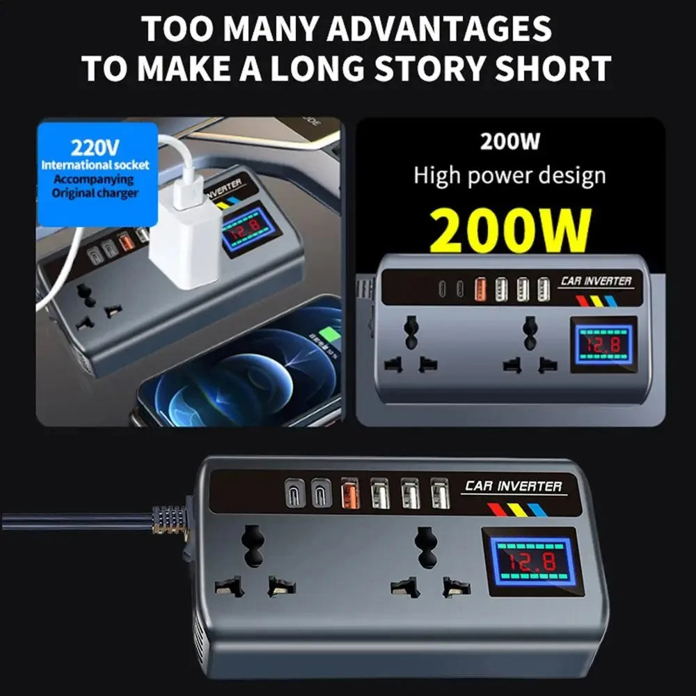 BoviWead 200W Vehicle Inverter 9-Port Charger for Laptops & Mobile