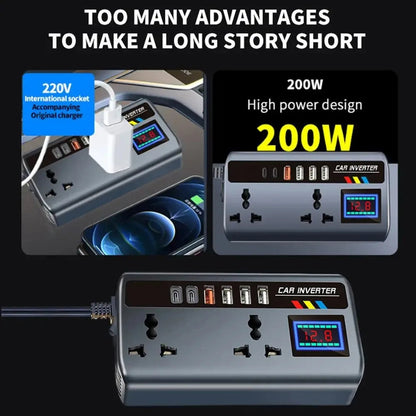 BoviWead 200W Vehicle Inverter 9-Port Charger for Laptops & Mobile