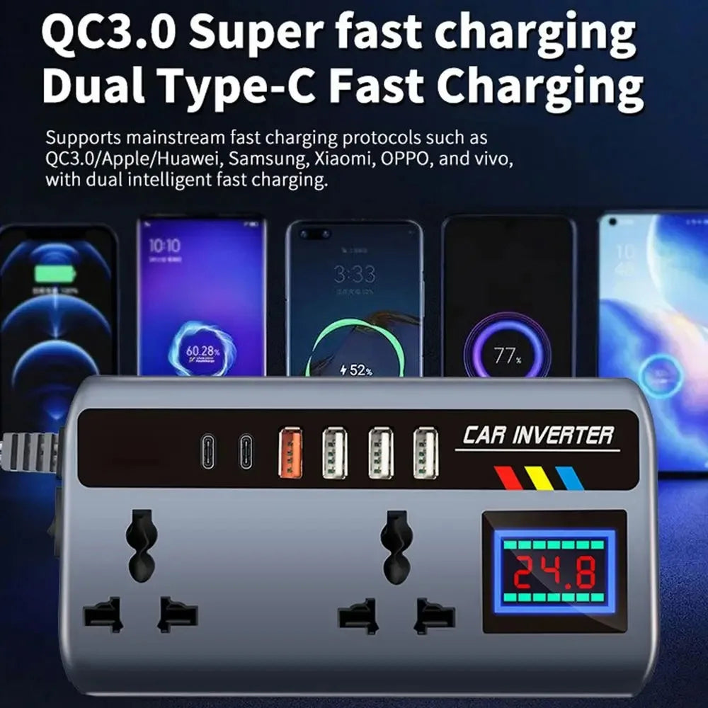 BoviWead 200W Vehicle Inverter 9-Port Charger for Laptops & Mobile
