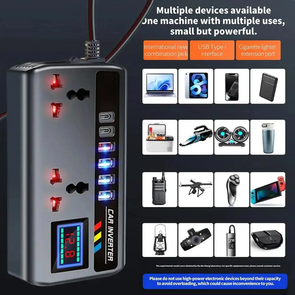 BoviWead 200W Vehicle Inverter 9-Port Charger for Laptops & Mobile