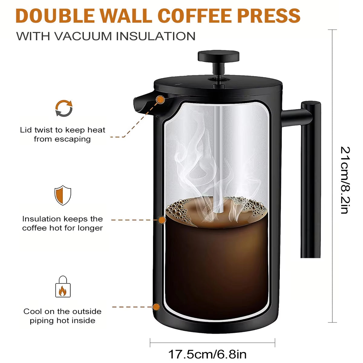 BrewxDeep Double-Wall Insulated Stainless Steel French Press