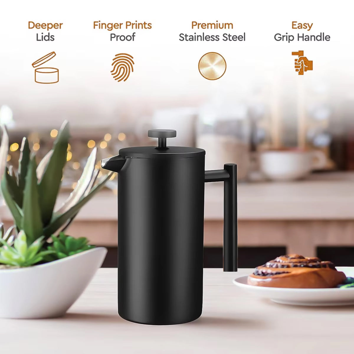 BrewxDeep Double-Wall Insulated Stainless Steel French Press