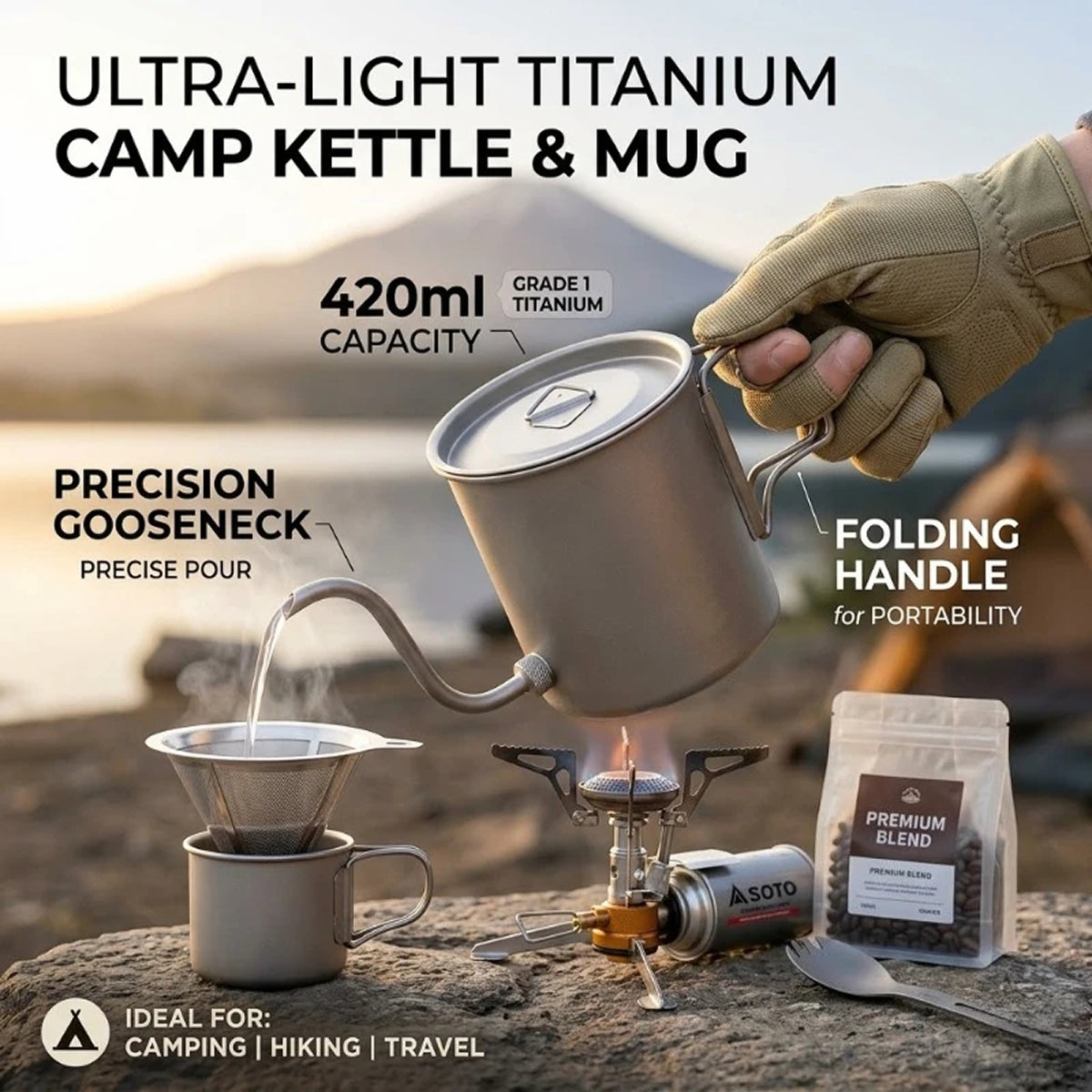 CaborWel Titanium Pour Over Kettle | 143g Ultralight Camping Kettle