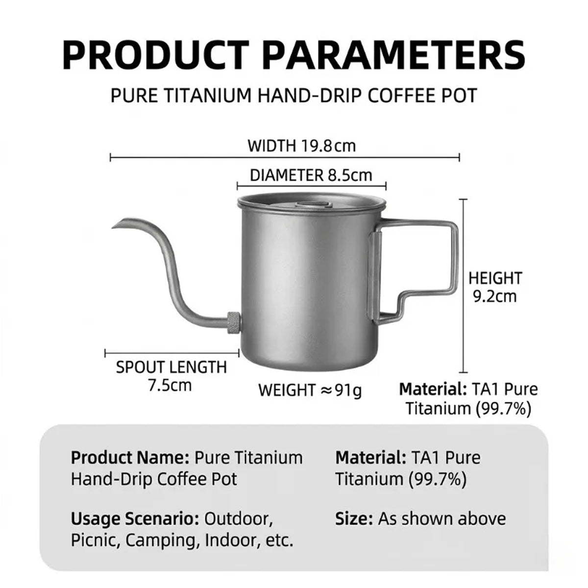 CaborWel Titanium Pour Over Kettle | 143g Ultralight Camping Kettle