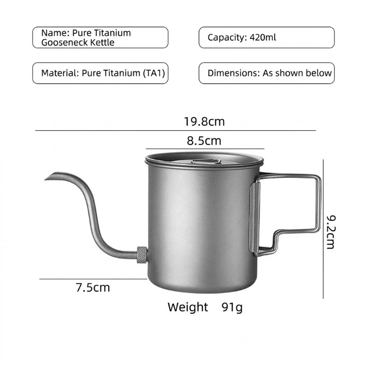 CaborWel Titanium Pour Over Kettle | 143g Ultralight Camping Kettle
