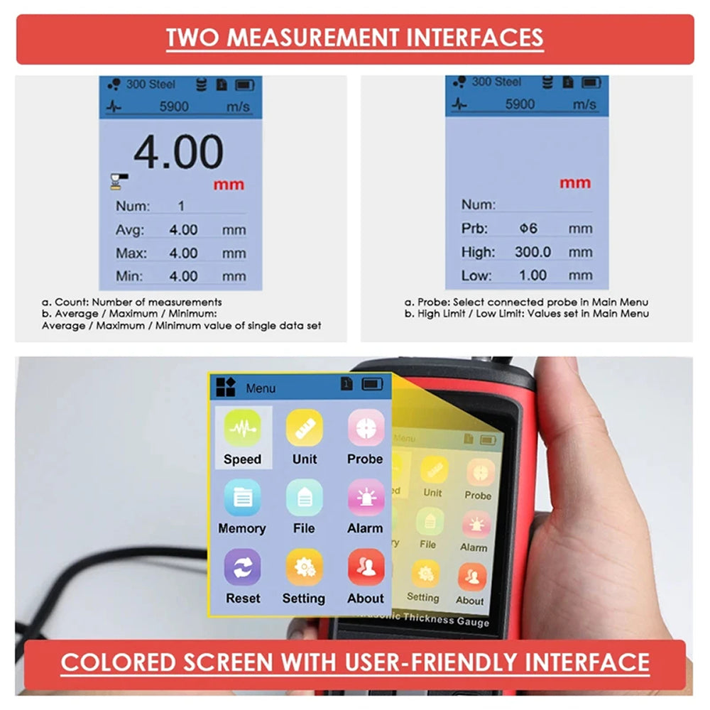 CroBezel 1.0-300mm Ultrasonic Thickness Gauge with 1500 Data Storage