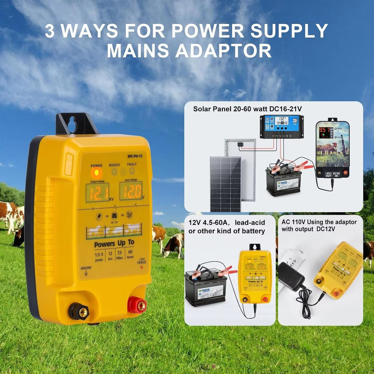FeciLaxi Electric Fence Energizer 12kV 60-Acre Coverage Solar Battery AC