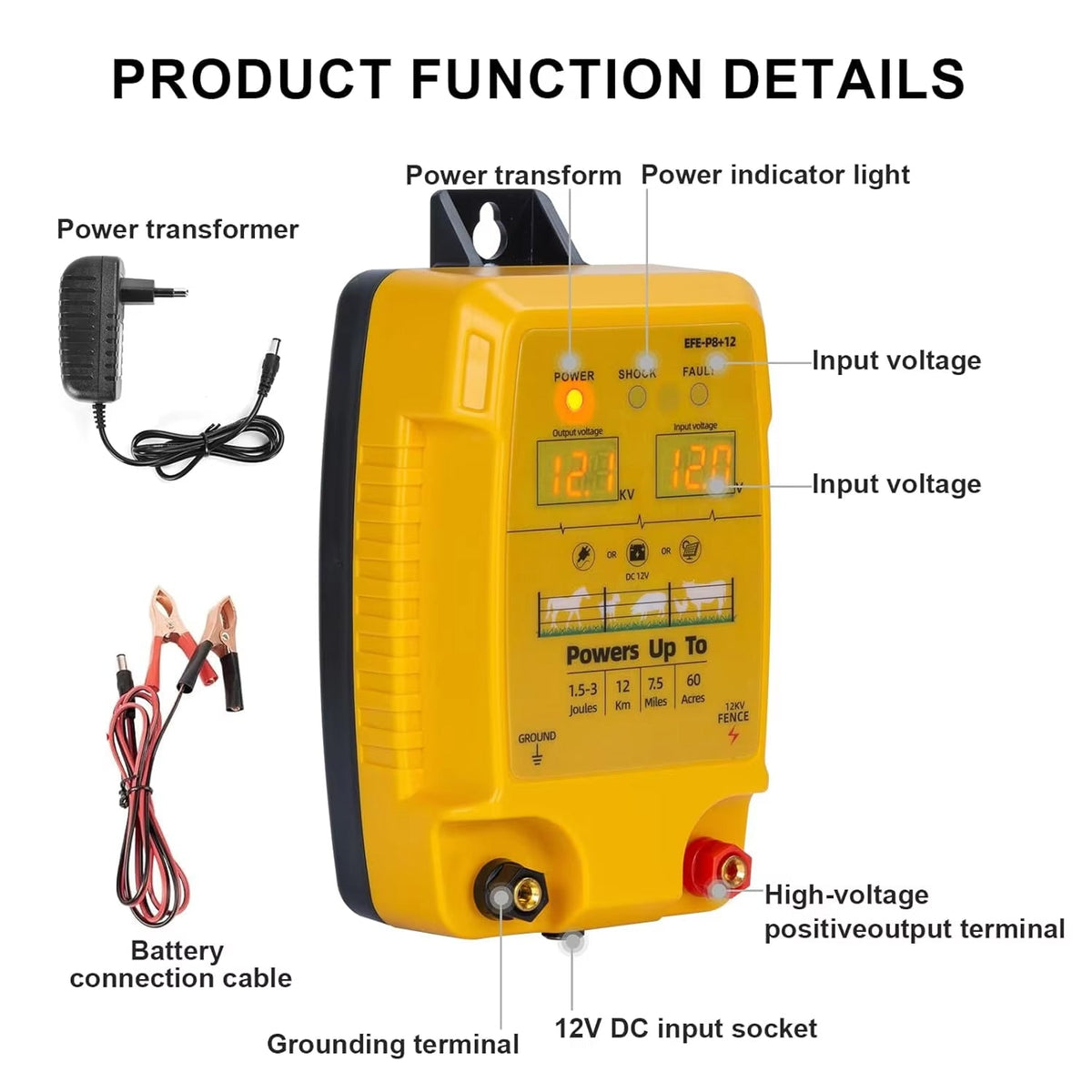 FeciLaxi Electric Fence Energizer 12kV 60-Acre Coverage Solar Battery AC