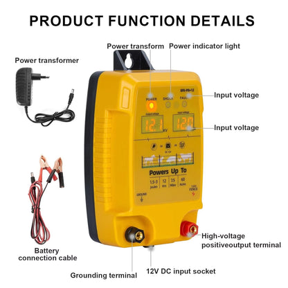 FeciLaxi Electric Fence Energizer 12kV 60-Acre Coverage Solar Battery AC
