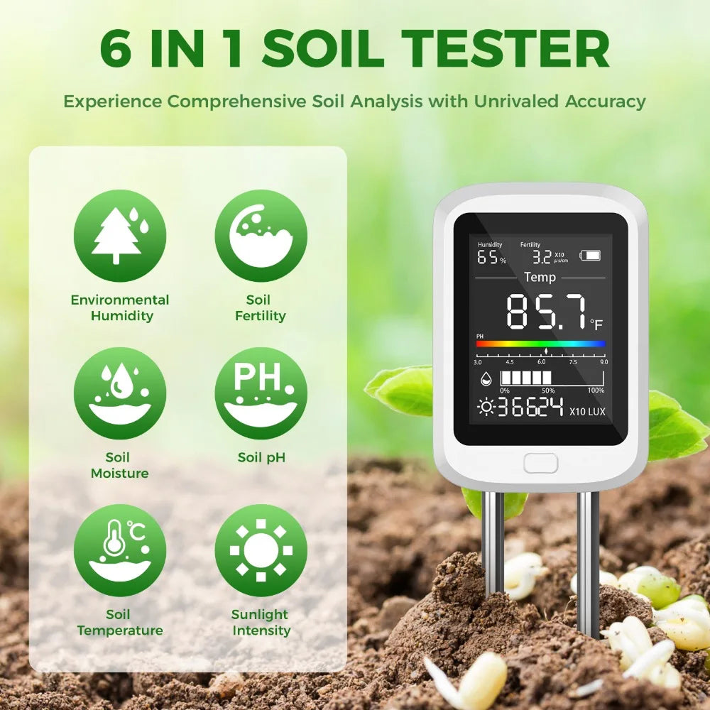 FizoMast 6-in-1 Digital Soil Meter with Rotatable HD Screen