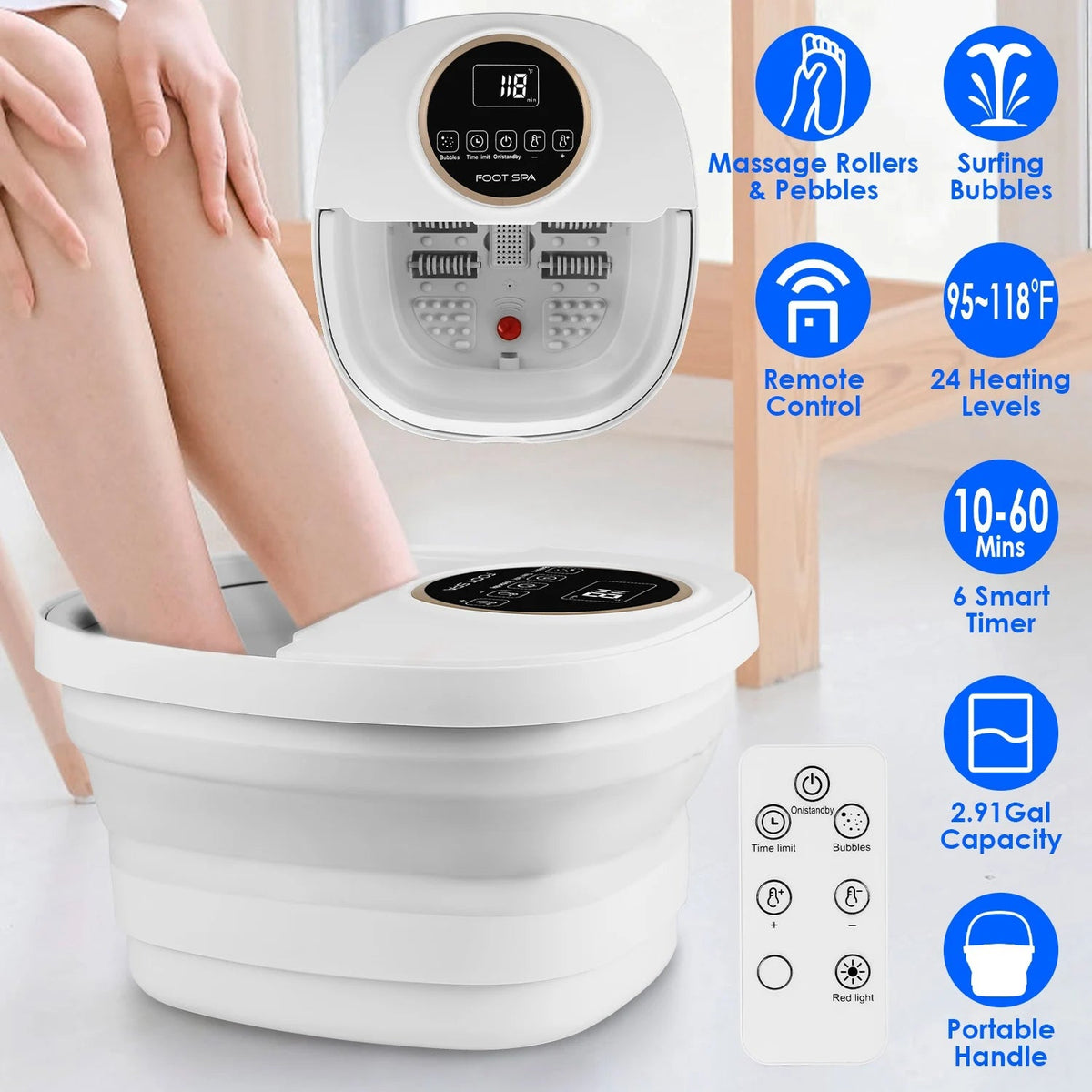 FotixBath Collapsible Heated Foot Spa with Bubble Massage and Remote