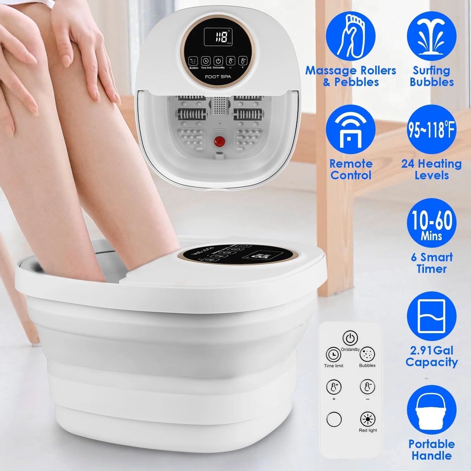 FotixBath Collapsible Heated Foot Spa with Bubble Massage and Remote