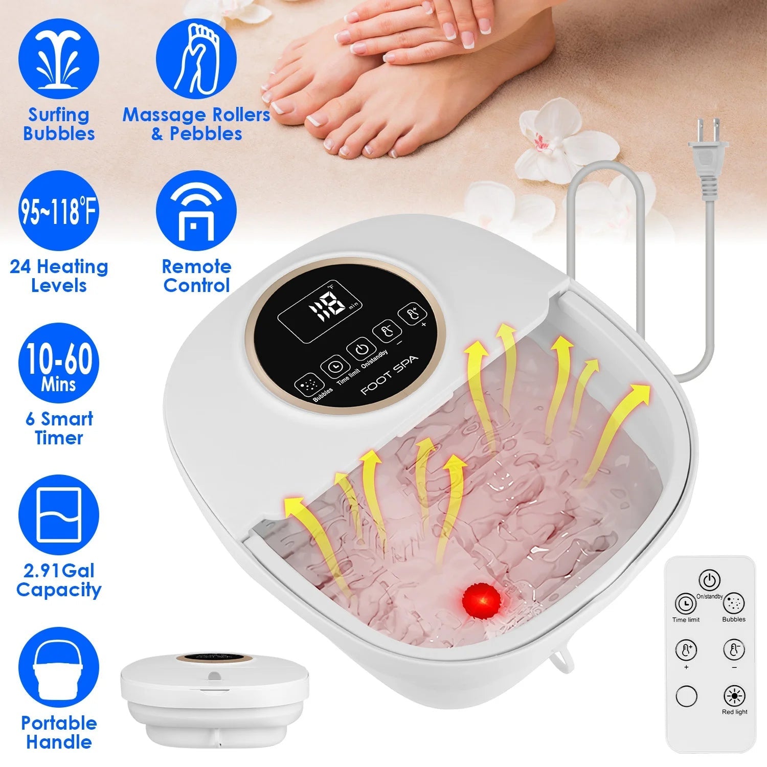 FotixBath Collapsible Heated Foot Spa with Bubble Massage and Remote