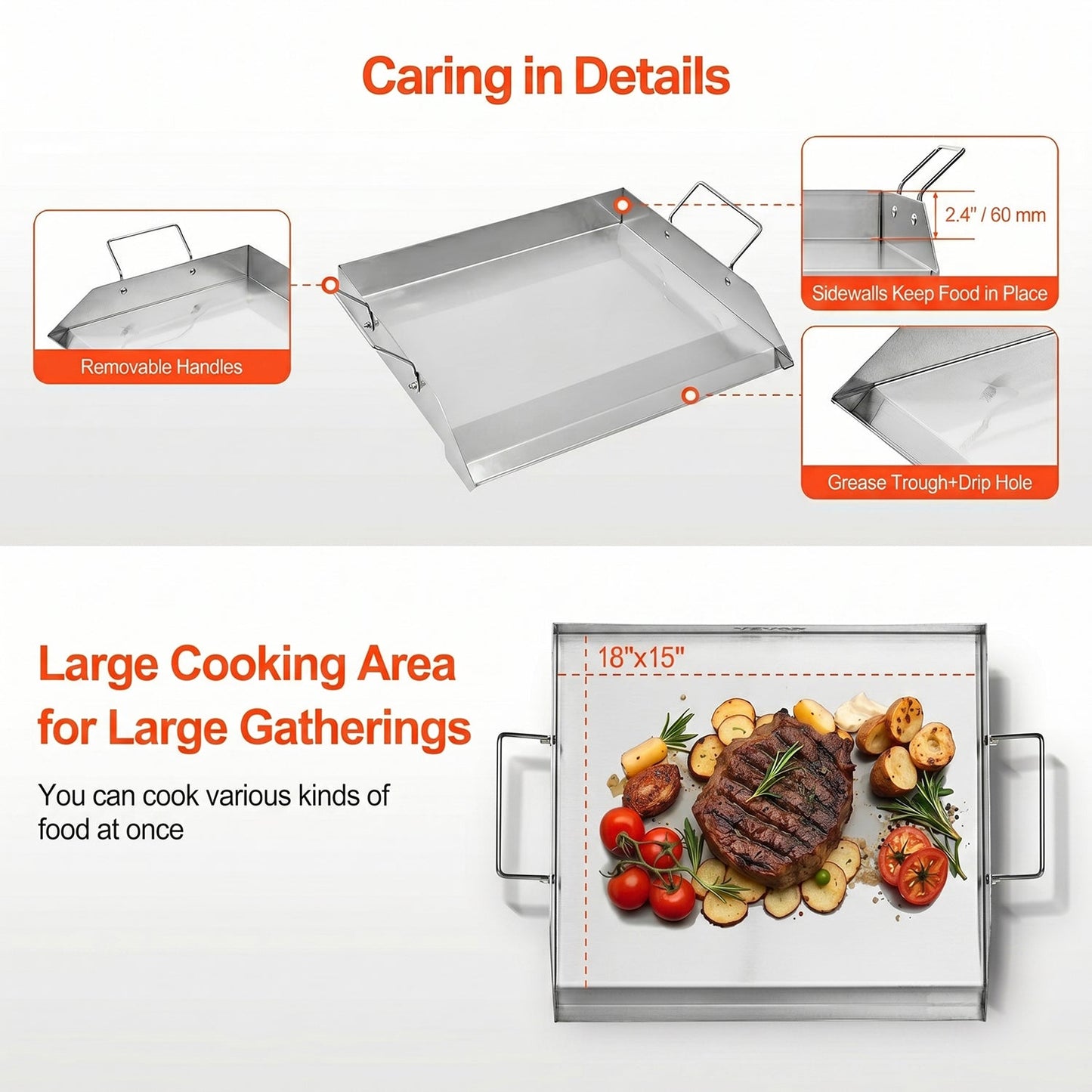 GrimiLavi Flat Top Griddle 270 Sq In Stainless Steel Anti-Warping Grill Topper