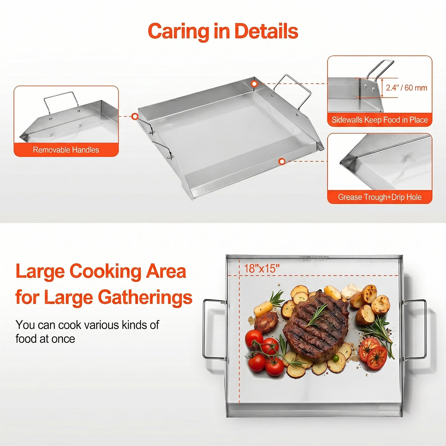 GrimiLavi Flat Top Griddle 270 Sq In Stainless Steel Anti-Warping Grill Topper