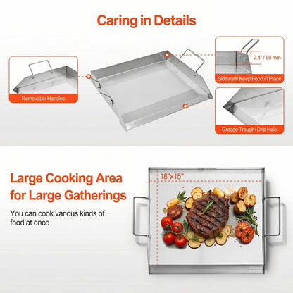 GrimiLavi Flat Top Griddle 270 Sq In Stainless Steel Anti-Warping Grill Topper