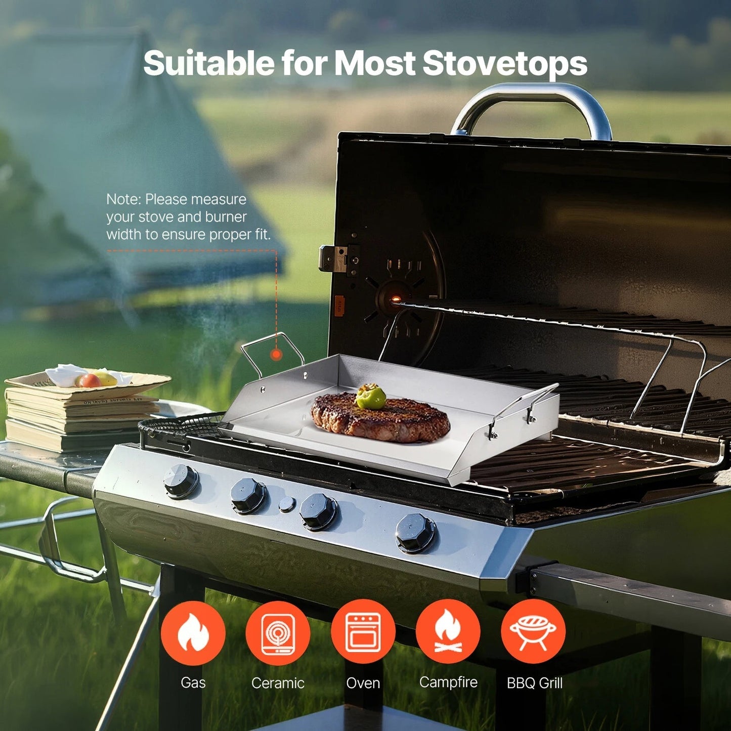 GrimiLavi Flat Top Griddle 270 Sq In Stainless Steel Anti-Warping Grill Topper