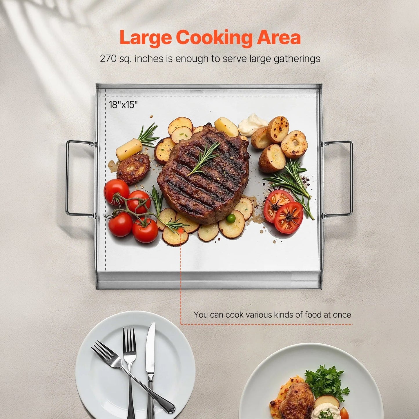 GrimiLavi Flat Top Griddle 270 Sq In Stainless Steel Anti-Warping Grill Topper