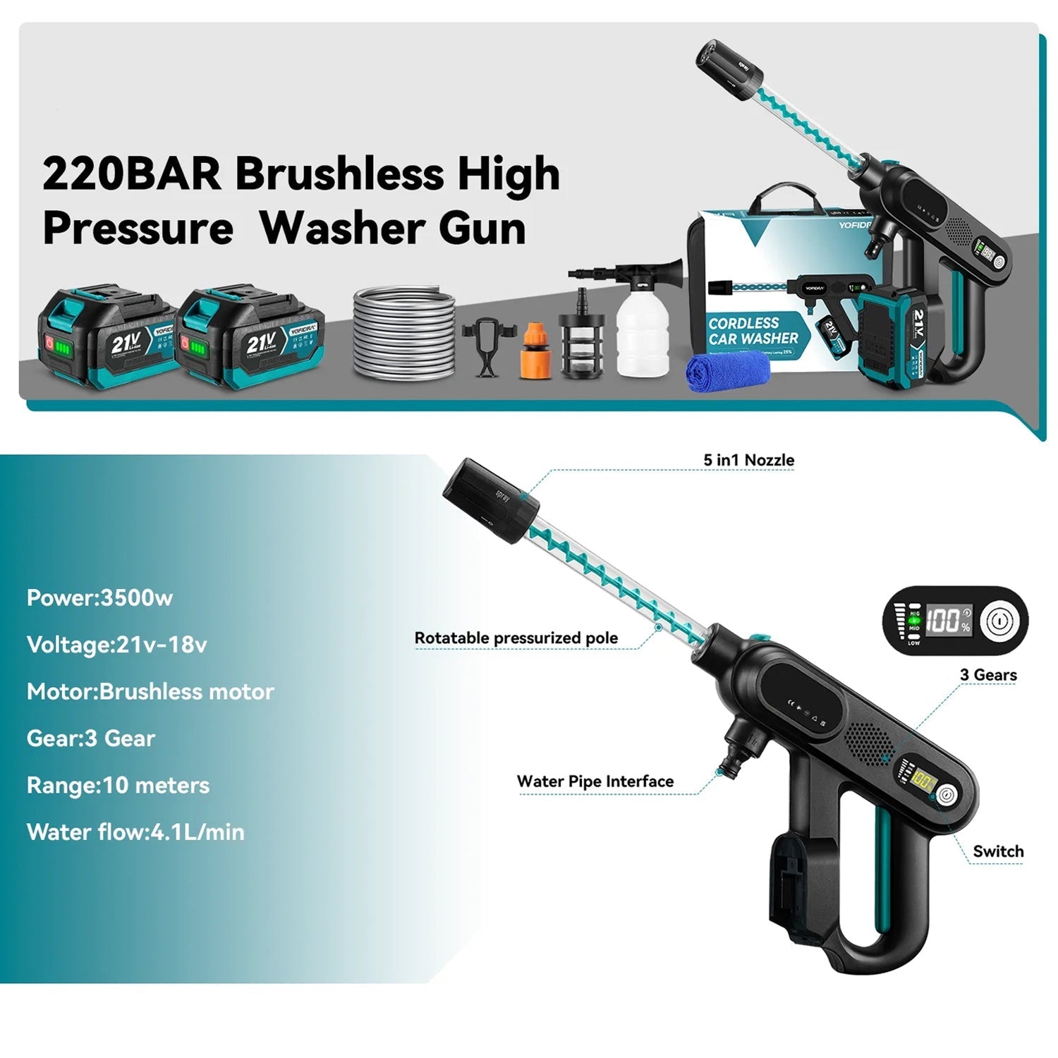 HistBeaz 3500W Cordless Pressure Washer - 220 Bar Portable Cleaning