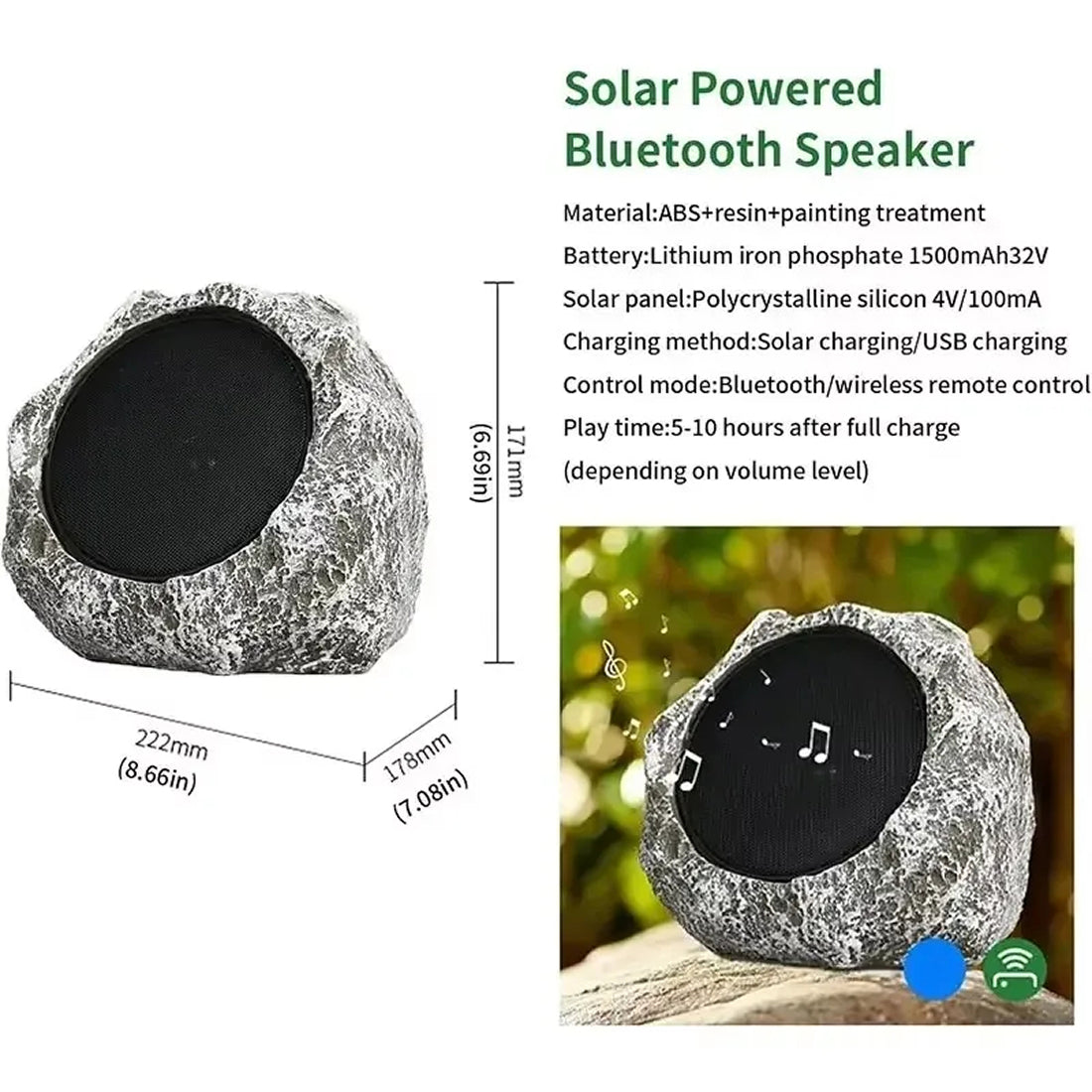 LarnClis Waterproof Rock Garden Speaker with Solar Charging