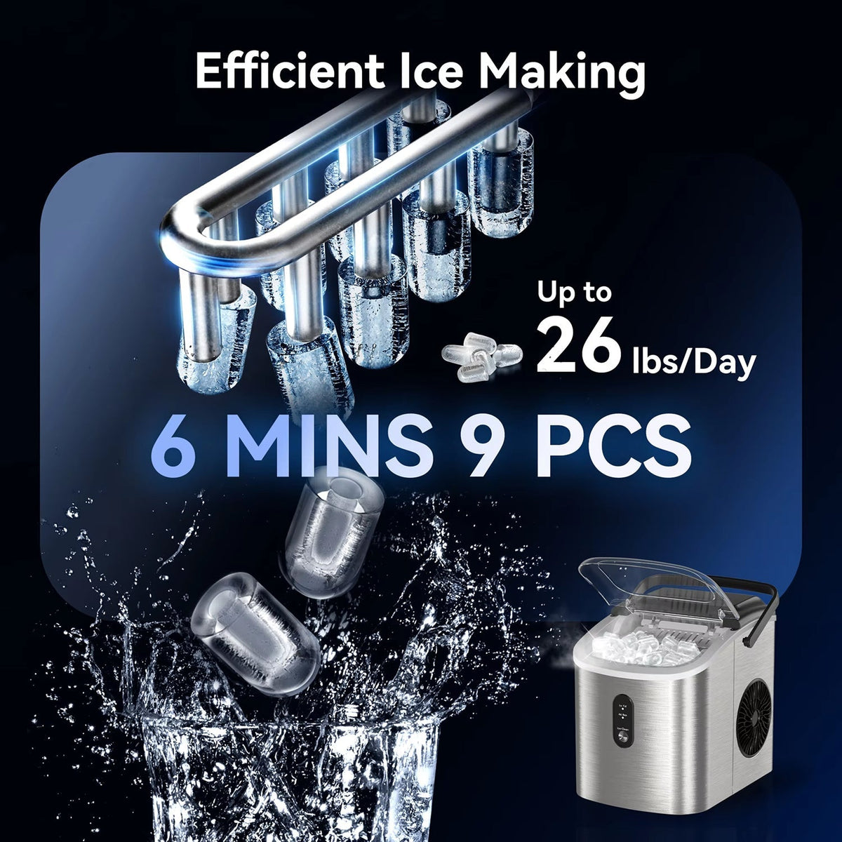 MakixIce Countertop Ice Maker – 26lbs Daily Yield, 6-Min Fast Ice Machine with Self-Cleaning