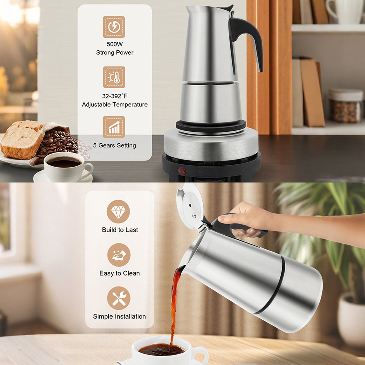 PeviComak Electric Coffee Percolator – 304 Stainless Steel with 5-Gear Temperature Control