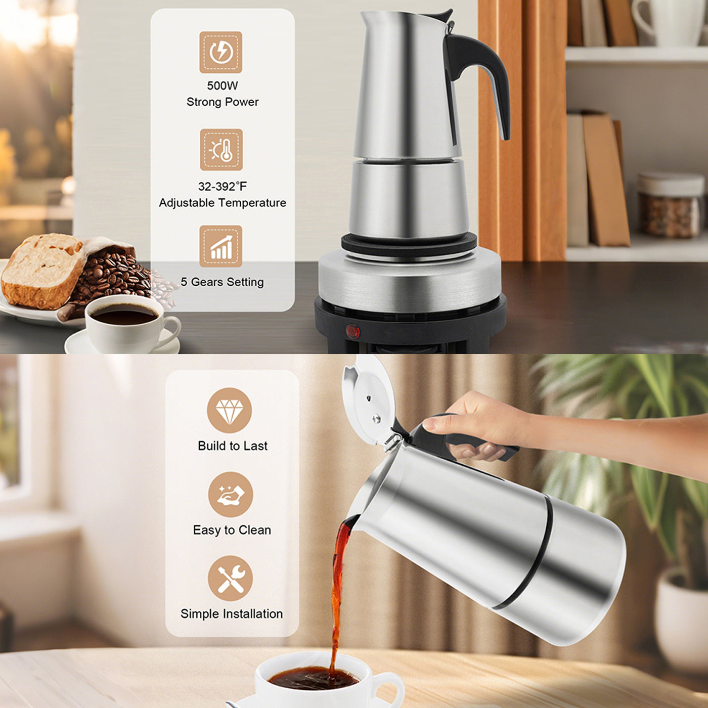 PeviComak Electric Coffee Percolator – 304 Stainless Steel with 5-Gear Temperature Control