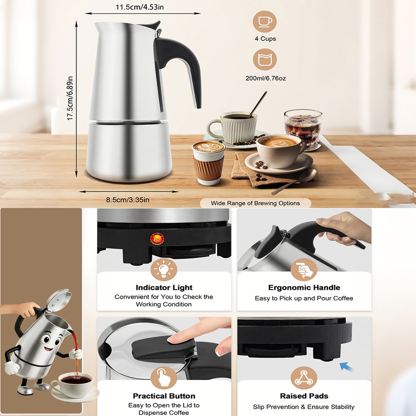 PeviComak Electric Coffee Percolator – 304 Stainless Steel with 5-Gear Temperature Control
