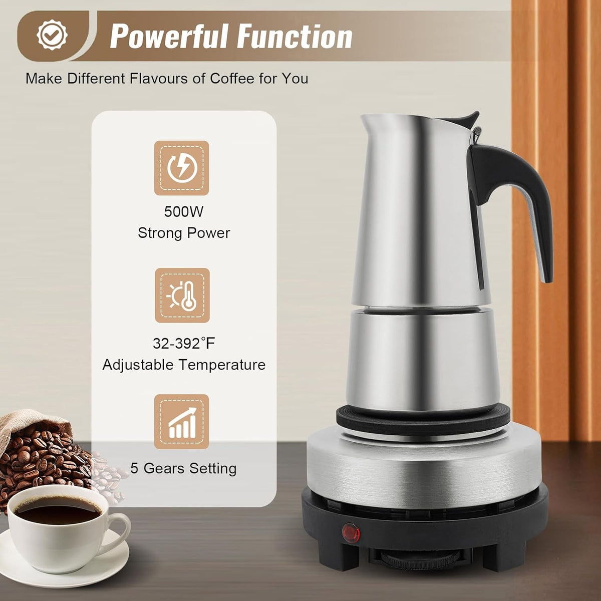 PeviComak Electric Coffee Percolator – 304 Stainless Steel with 5-Gear Temperature Control
