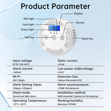 PralliRes Smart WiFi Carbon Monoxide Alarm with Tuya App