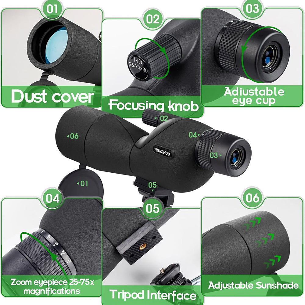UnixClos 25-75x60mm HD BAK4 Prism Waterproof Spotting Scope with Smartphone Adapter