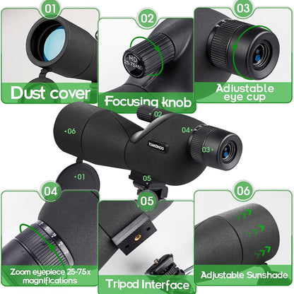 UnixClos 25-75x60mm HD BAK4 Prism Waterproof Spotting Scope with Smartphone Adapter