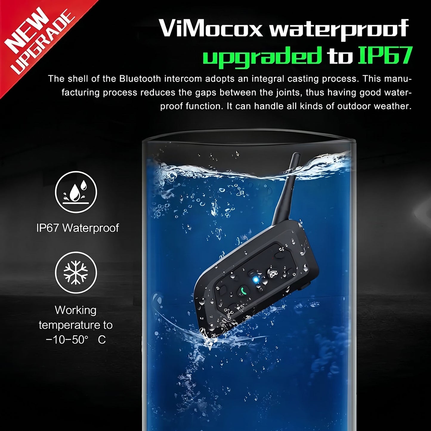 ViMocox Motorcycle Bluetooth Intercom 800m Range IP67 Waterproof