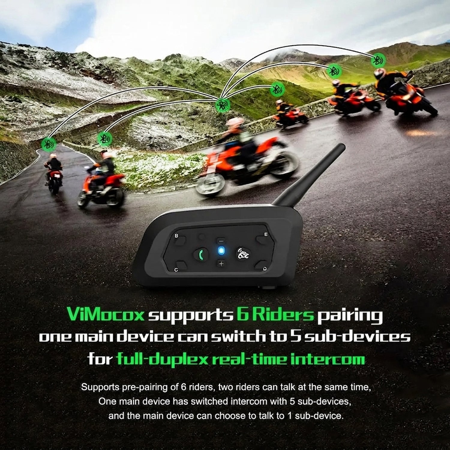 ViMocox Motorcycle Bluetooth Intercom 800m Range IP67 Waterproof