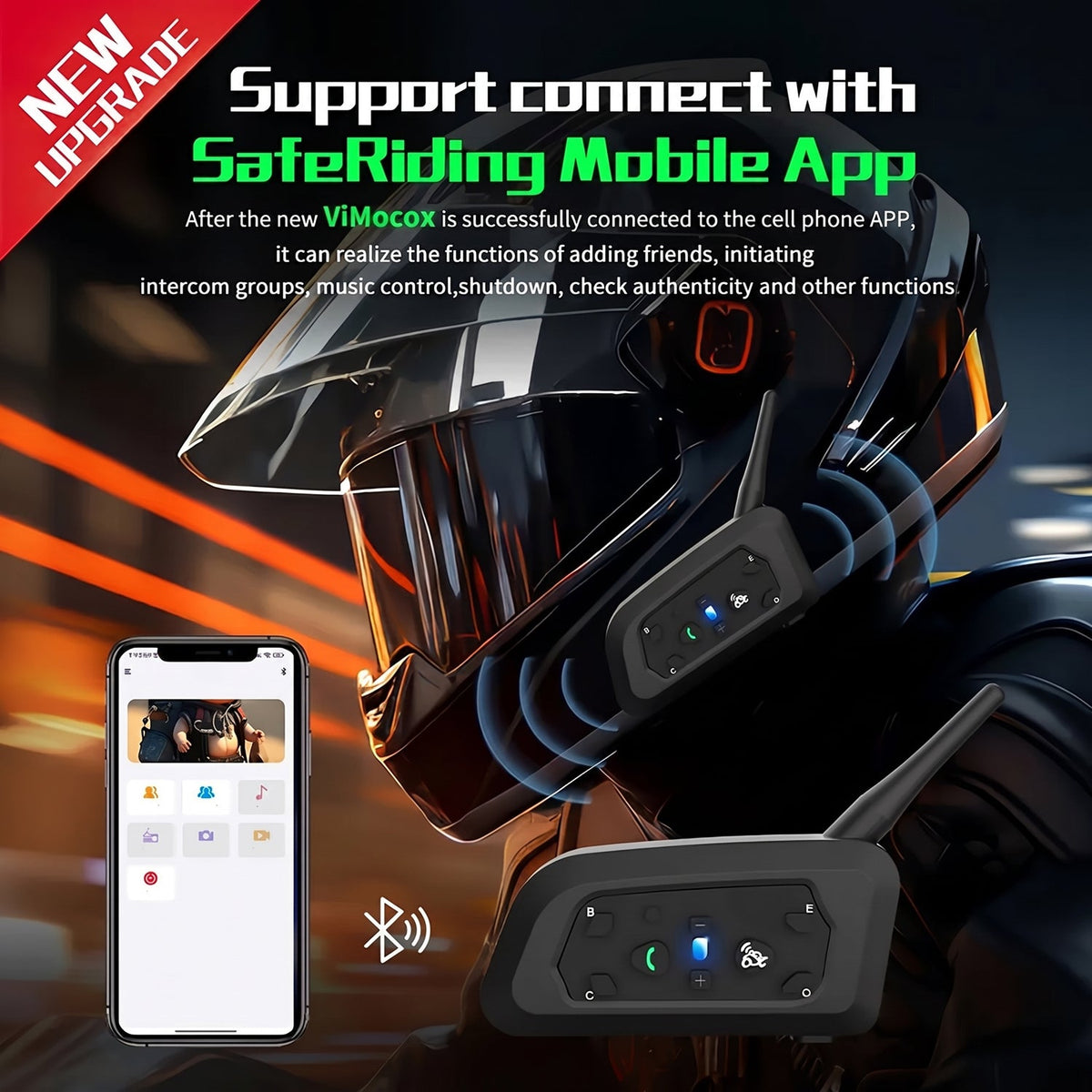 ViMocox Motorcycle Bluetooth Intercom 800m Range IP67 Waterproof
