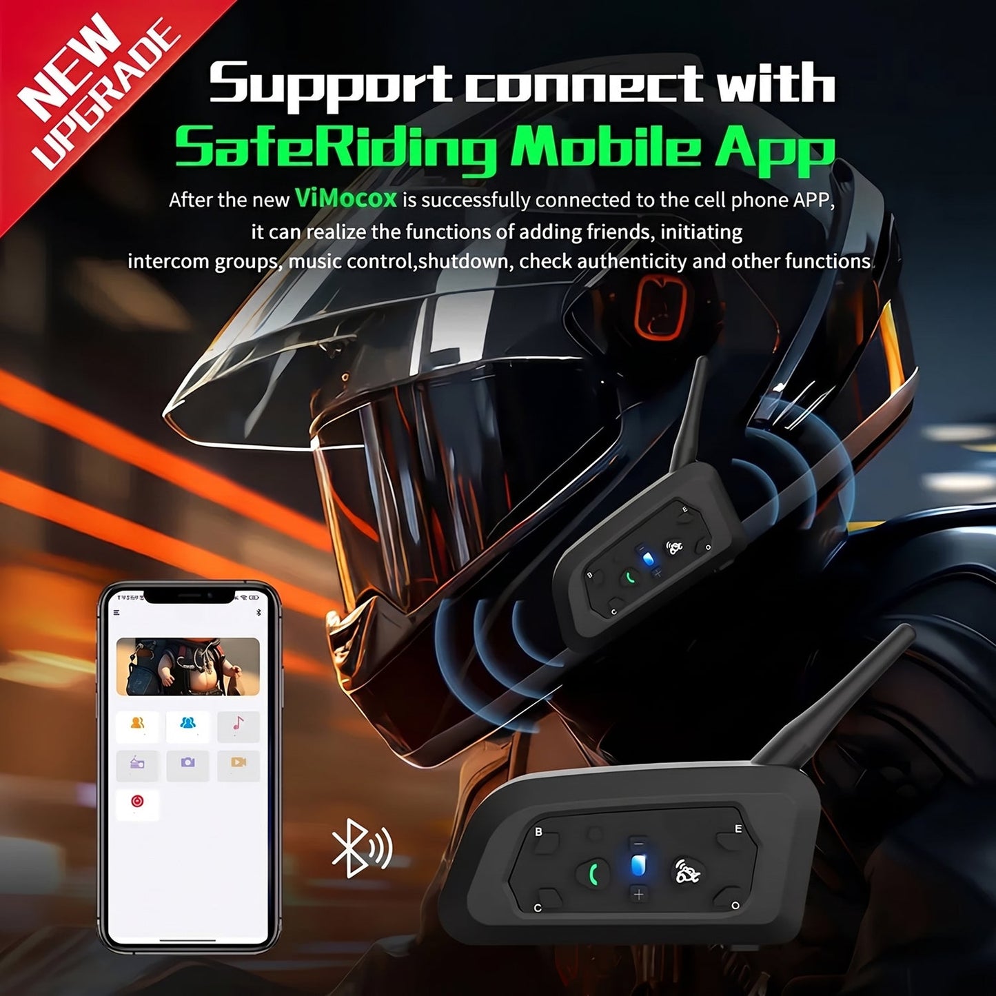 ViMocox Motorcycle Bluetooth Intercom 800m Range IP67 Waterproof