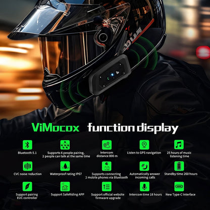 ViMocox Motorcycle Bluetooth Intercom 800m Range IP67 Waterproof