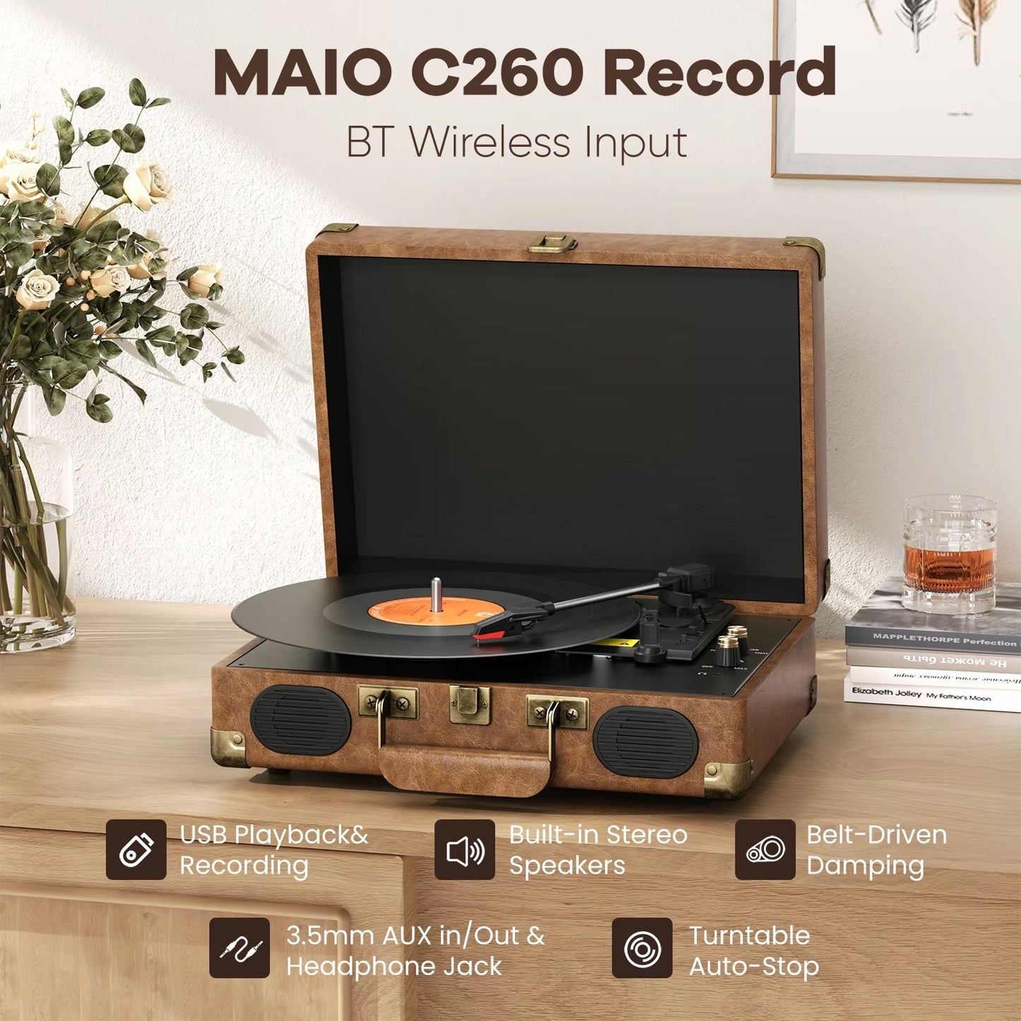 Vinixora premium belt-driven turntable with wireless speaker