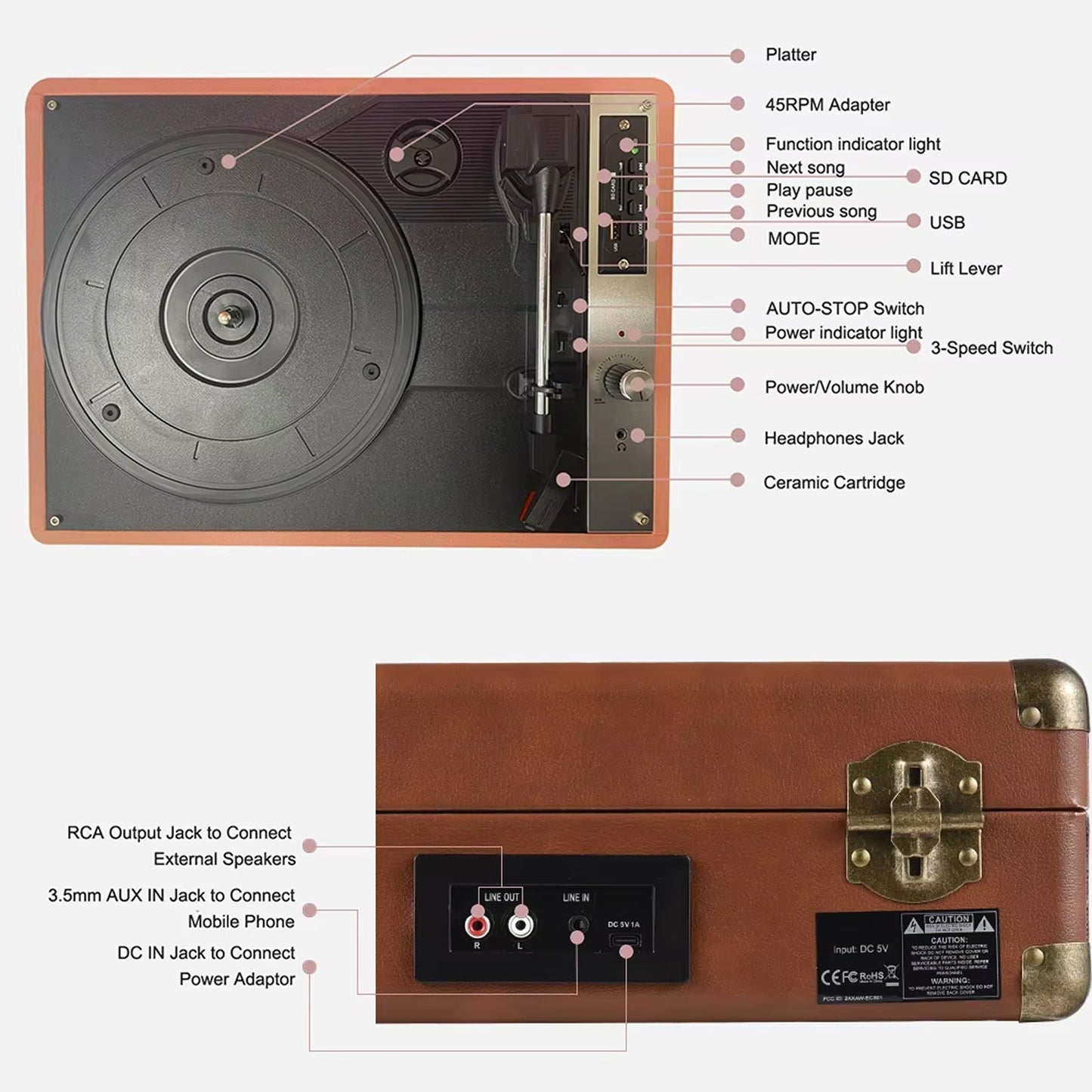 Vinixora premium belt-driven turntable with wireless speaker